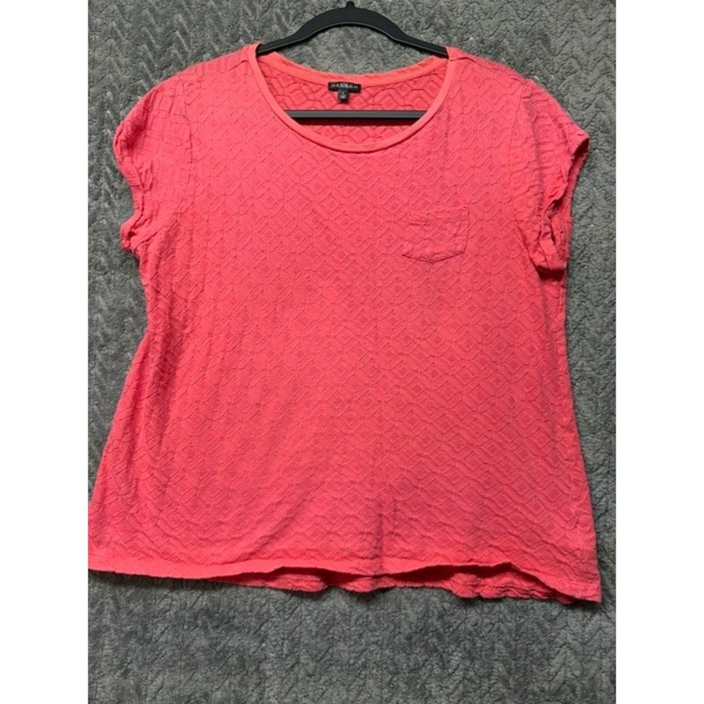 Hannah Coral Pink Textured Geometric Diamond Knit Pocket Tee Top Large 0746